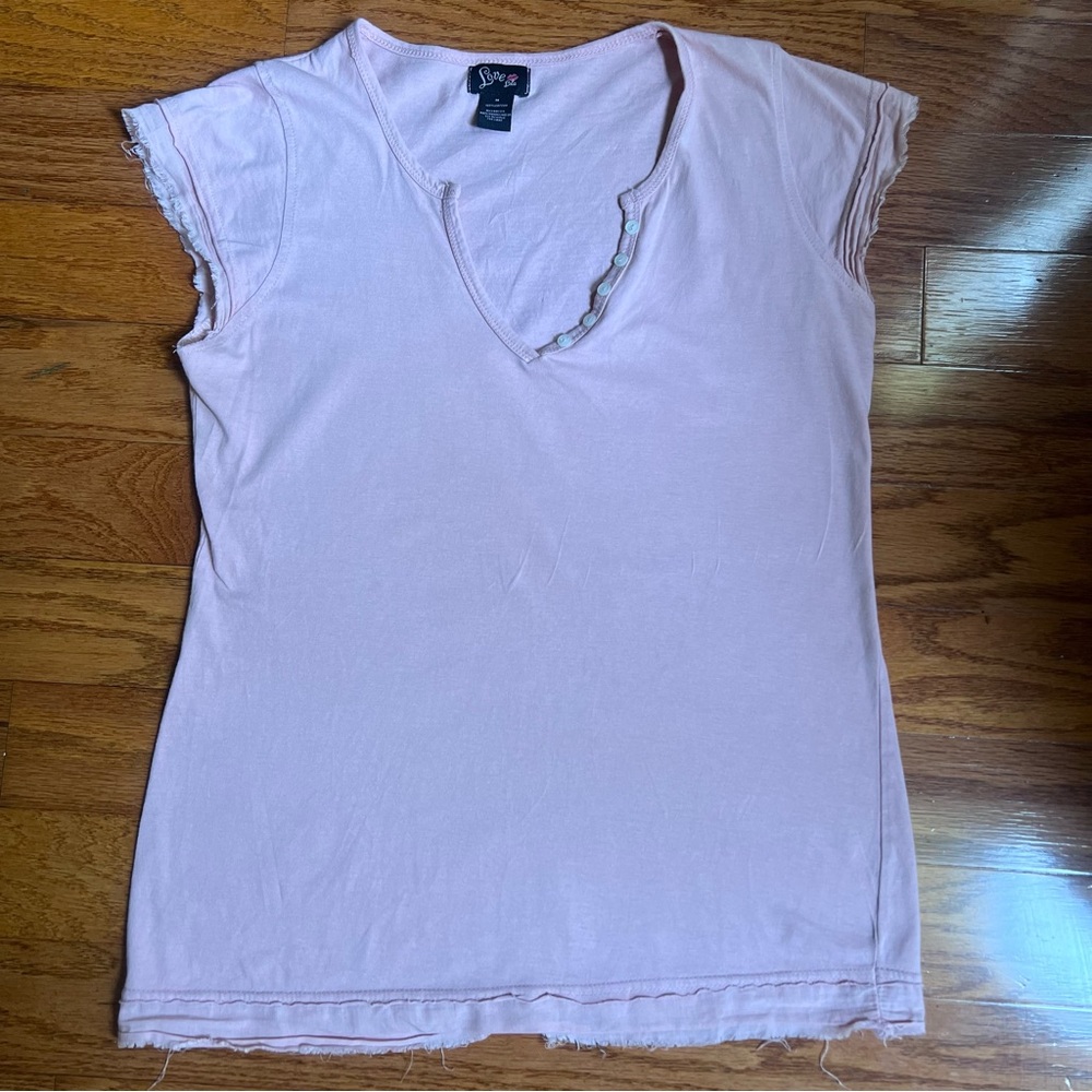 Love, junior size medium rose blush colored Women's Top with frayed edges